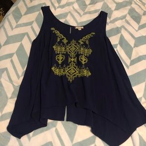 Navy blue tank top with yellow embroidery